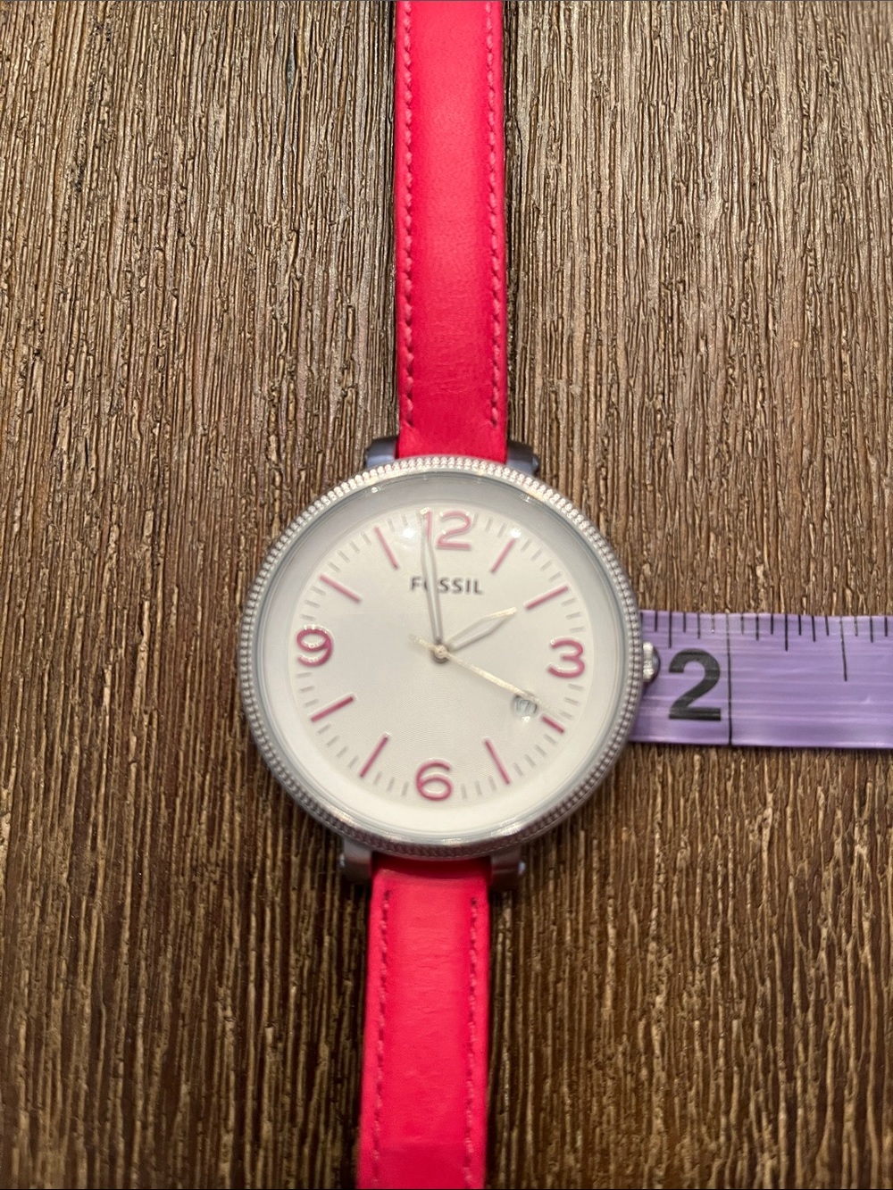 Fossil Women’s Watch Leather Strap Pink Round Face Adjustable Silver Like New - Picture 4 of 9